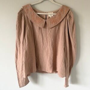 Salt Pink Floral Embroidered Peter Pan Collar Puff Sleeve Blouse XL Cotton/Linen